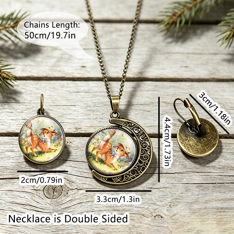 3pc Spring Wildflowers Deer Round Glass Necklace & Earrings Set